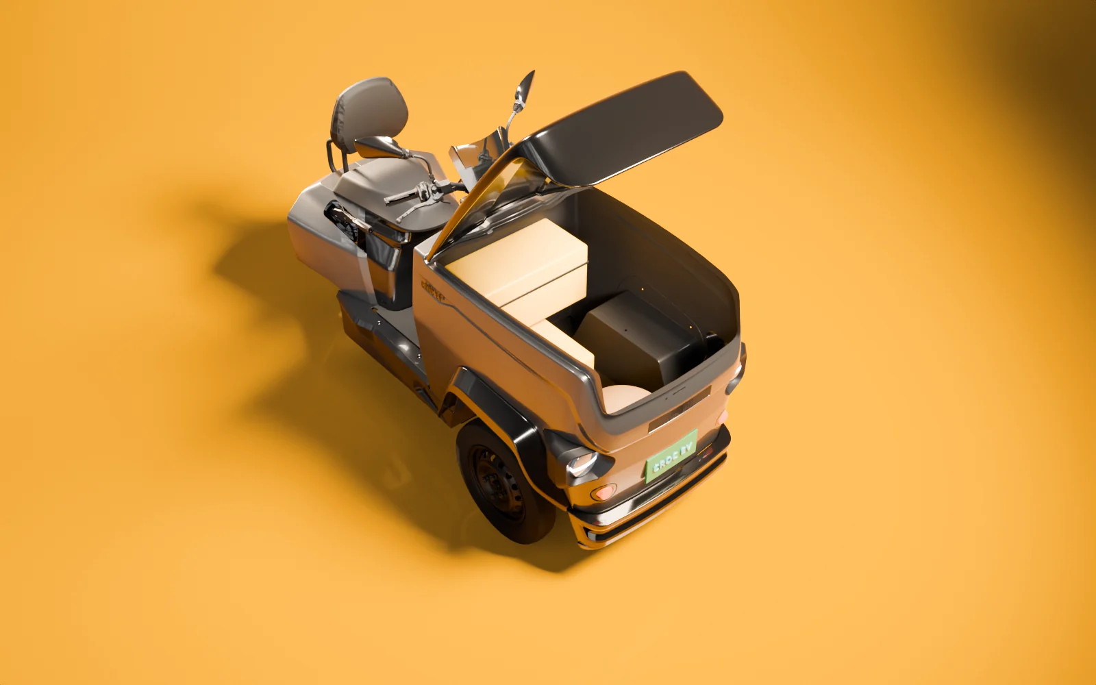 CROC EV with an electrician load packed into its open box, studio render of the production CAD