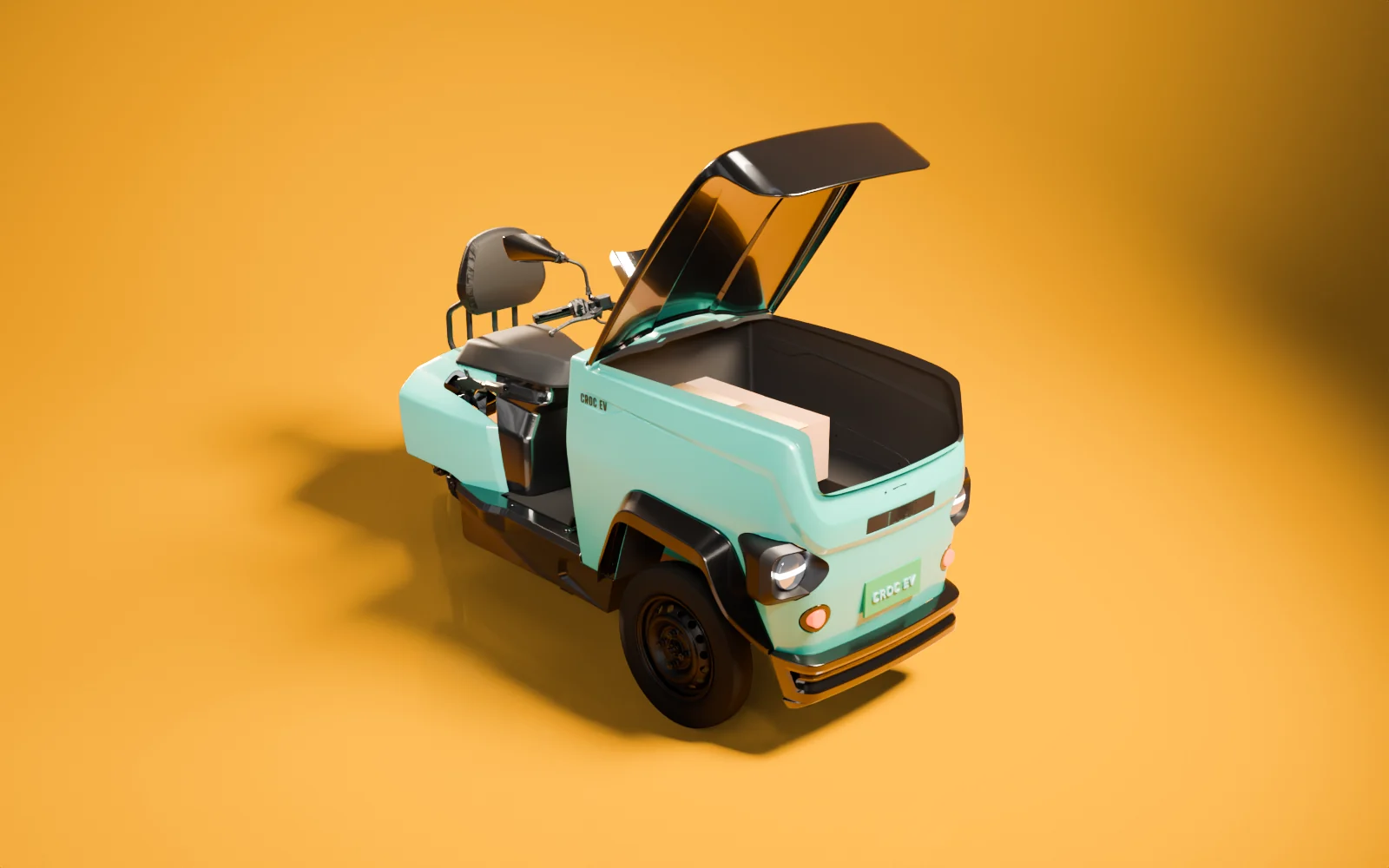 Studio render of a teal CROC EV with its front box lid raised and a carton of shop stock inside, made from the production CAD.