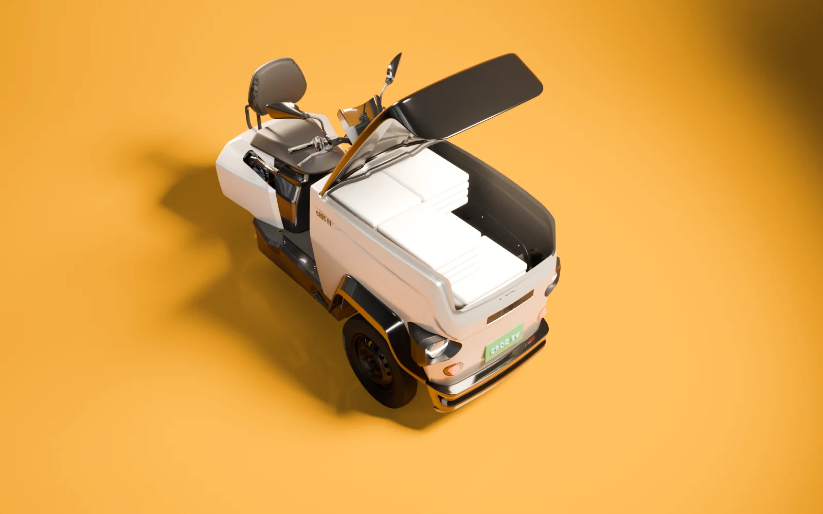 Studio render of a white CROC EV seen from above with its front box lid raised and stacks of folded linen inside, made from the production CAD.
