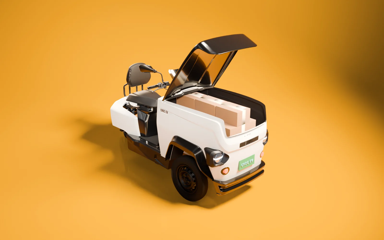 CROC EV with a last-mile parcels load packed into its open box, studio render of the production CAD