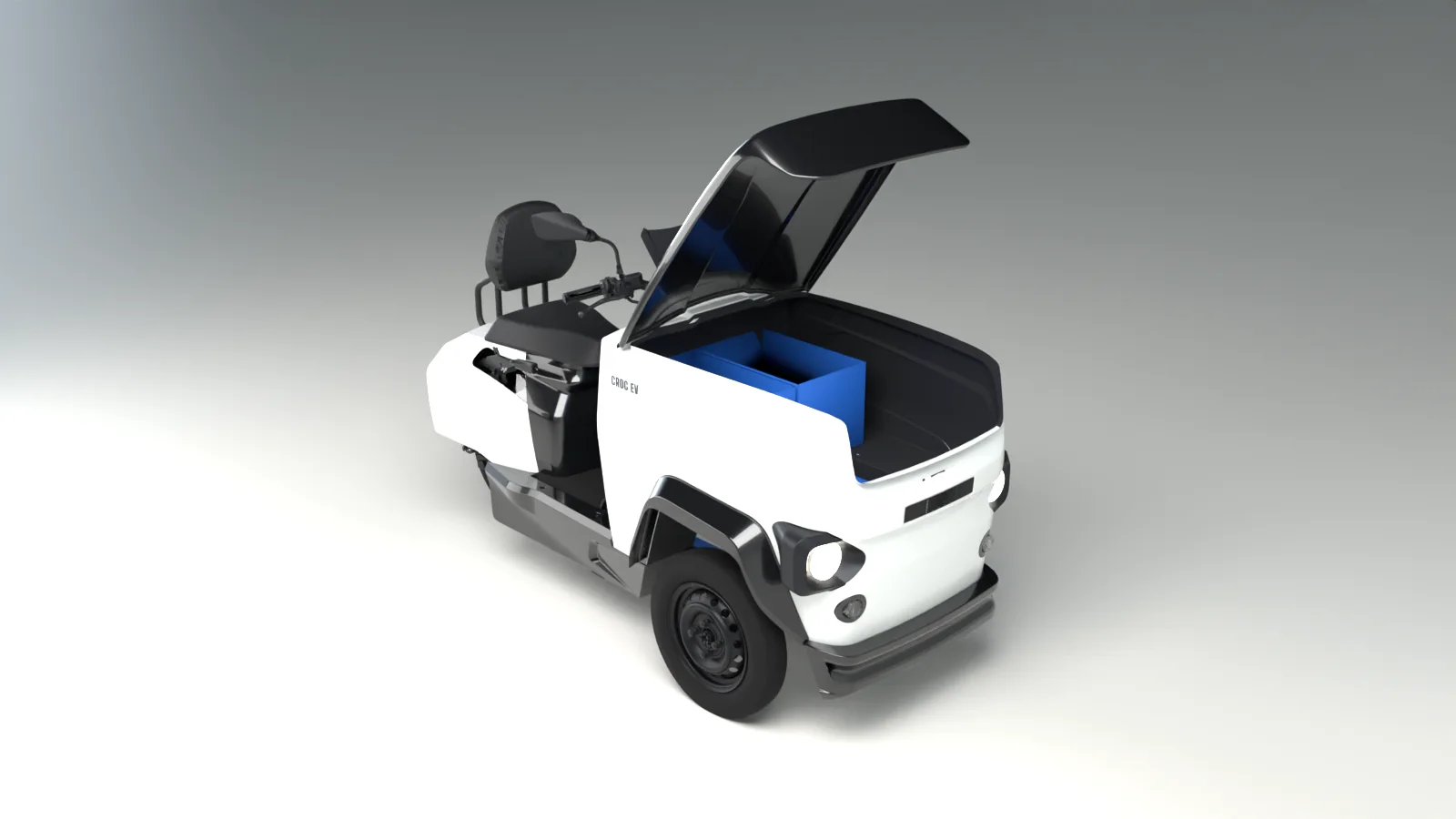 CROC EV carrying a milk crates load, render of the production CAD