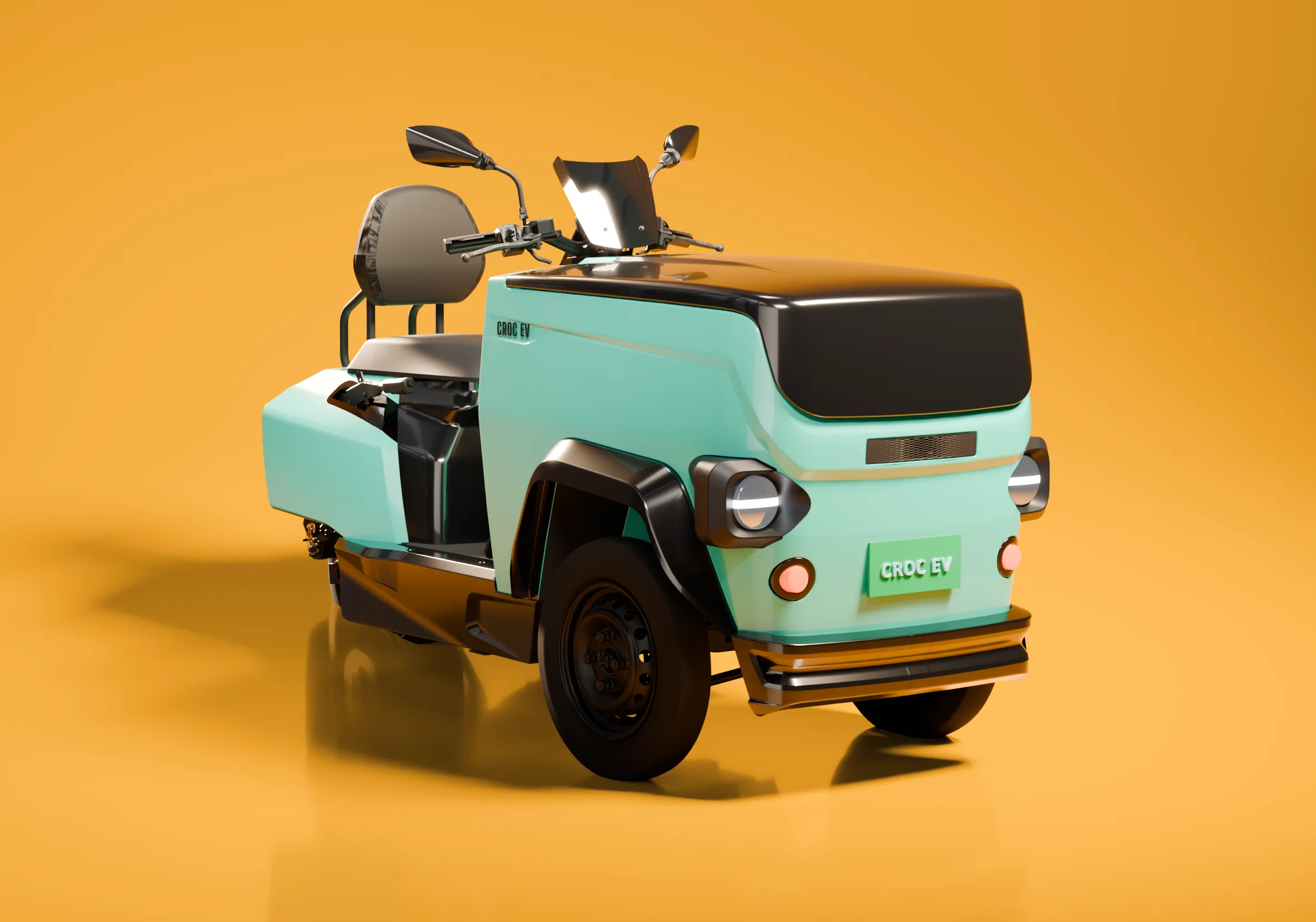 CROC EV in Araku Green in a product studio, rendered from the production CAD
